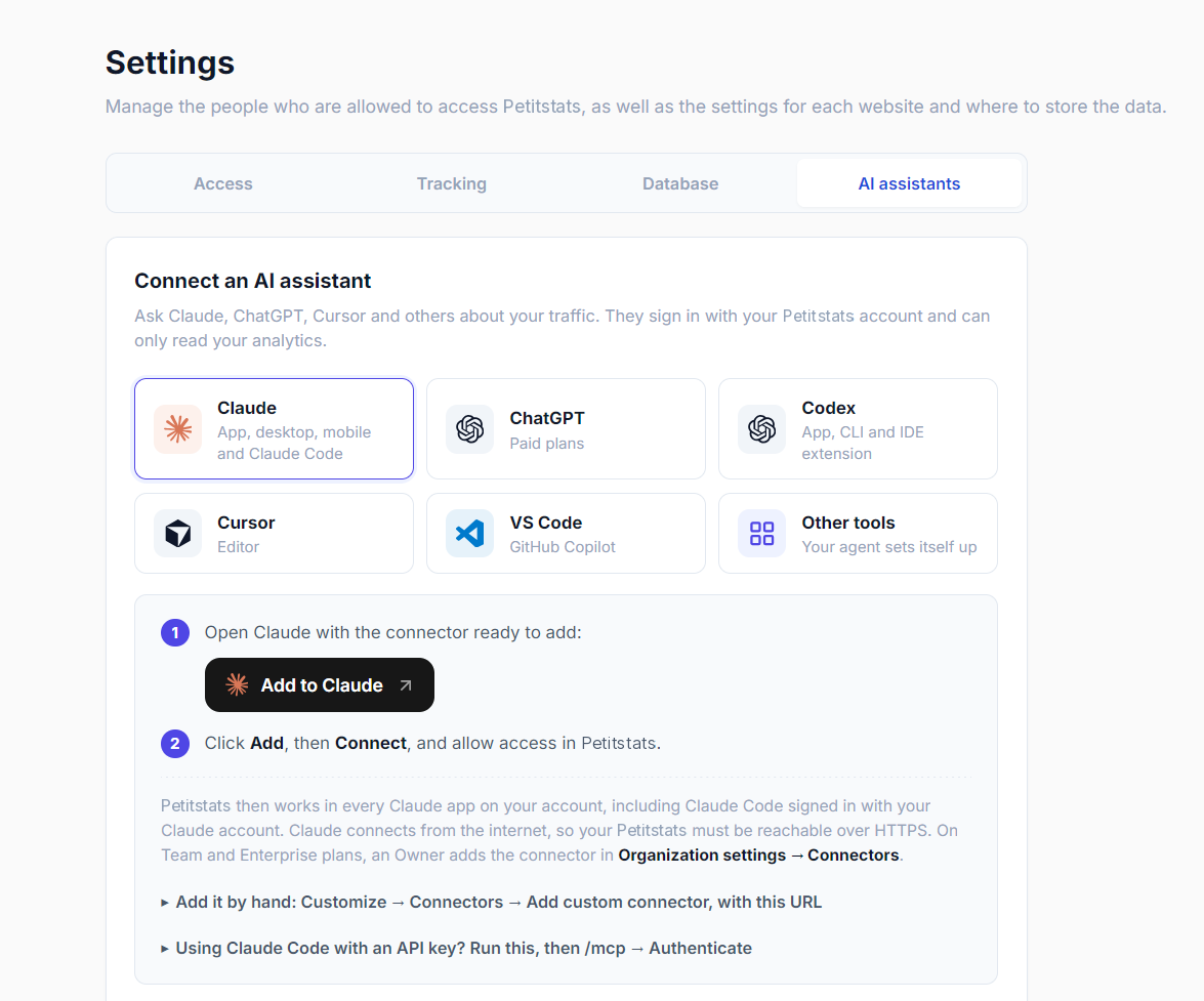 Settings → AI assistants, with the steps to connect Claude
