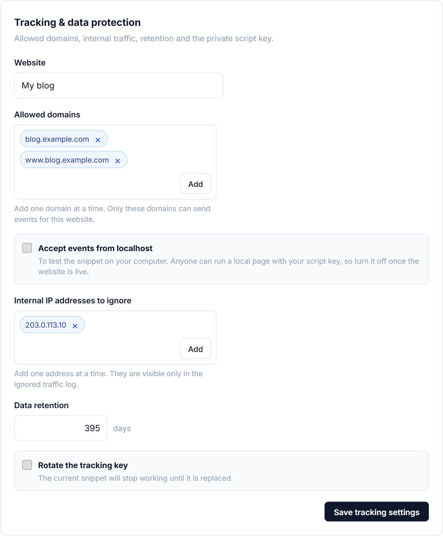 Settings → Tracking, with the allowed domains and the localhost option