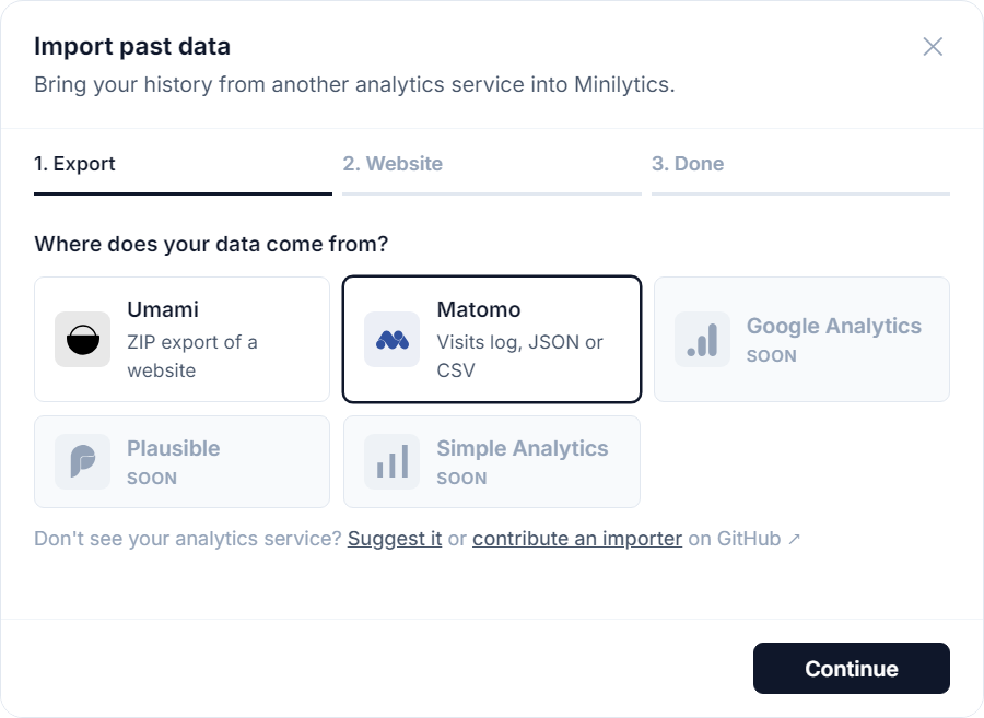 The Minilytics import window, where you choose Umami or Matomo as the source of your past data